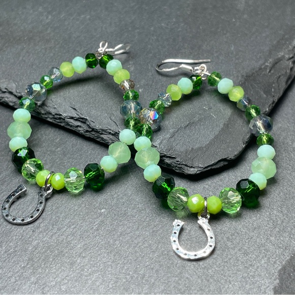 Lucky Horse Shoe Green Czech Crystal Hoop Earrings - Picture 6 of 11